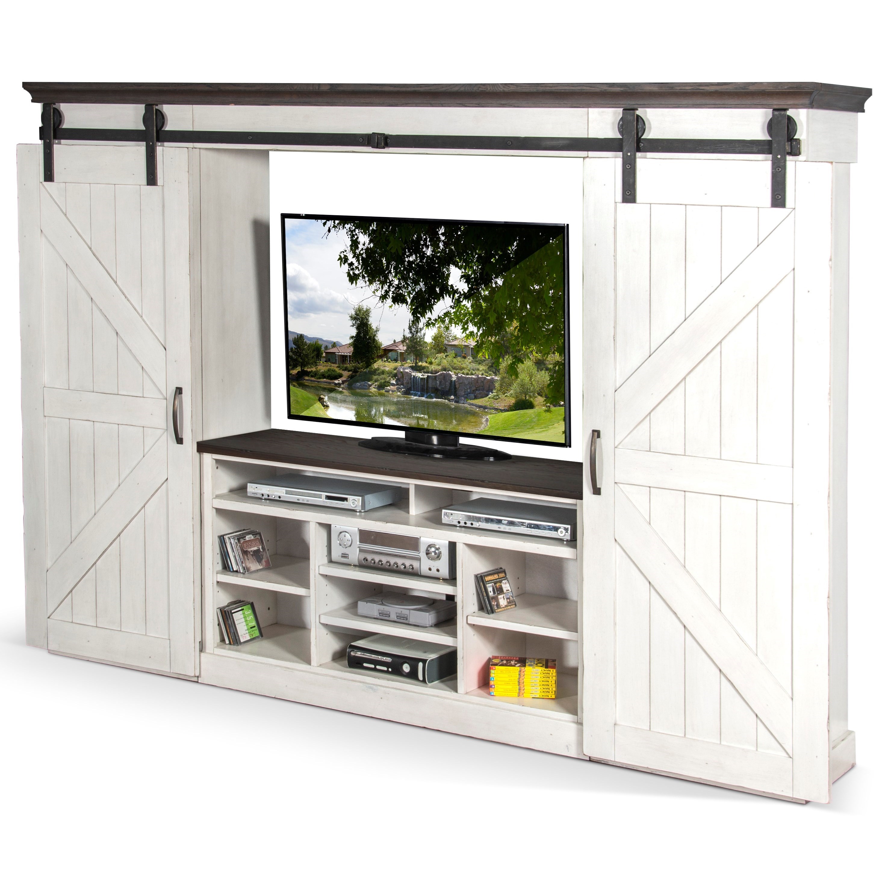 Wall entertainment center with shop barn doors
